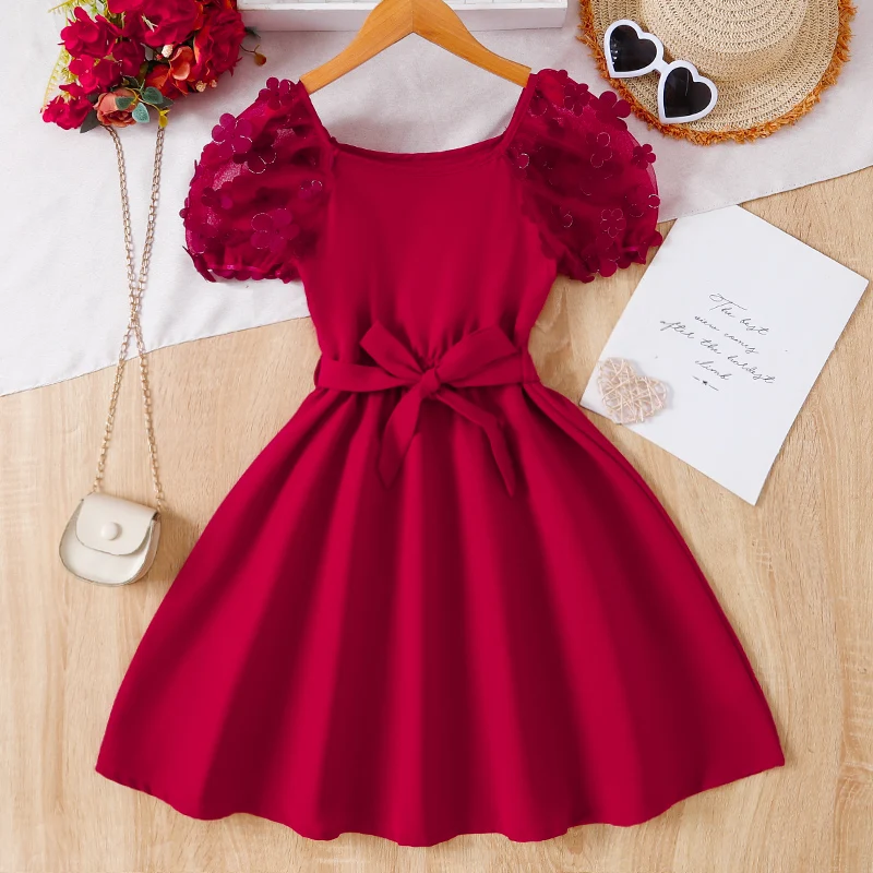 Summer Cute Girl Mesh Sleeves Round Neck Princess Dress Children's Wedding Birthday Party Girl Detachable Belt Red Fluffy Dress