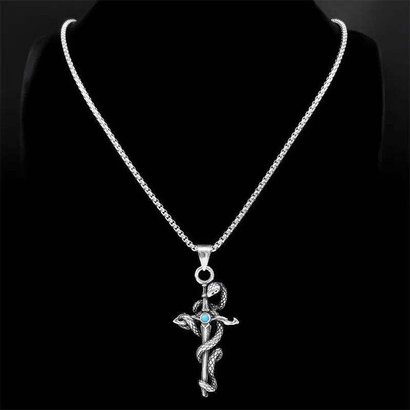 Retro Snake Sword Dagger Charm Pendant Necklace for Men Stainless Steel Gothic Antique Animal Necklaces Rock Punk Jewelry Gifts