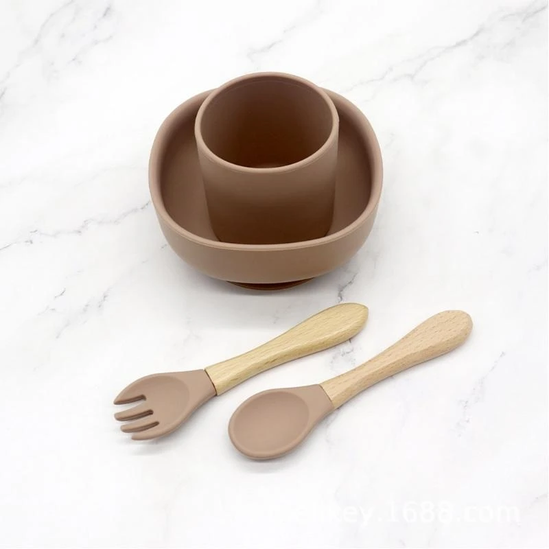 

J15U 4 Pcs Baby Silicone Suction Bowl Spoon Fork Cup Learning Training Feeding Set Utensil Dishes Tableware for Newborn