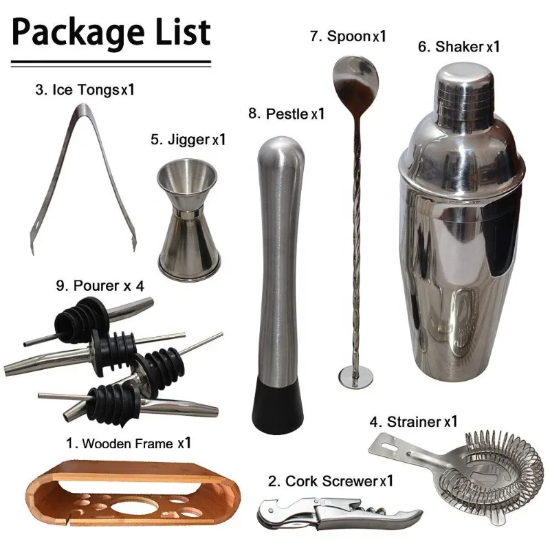 Custom Logo Mirror Polished Bar Mixing Set, 750ml Stainless Steel Boston Shaker Full Bartender Tools With Wooden Display Stand