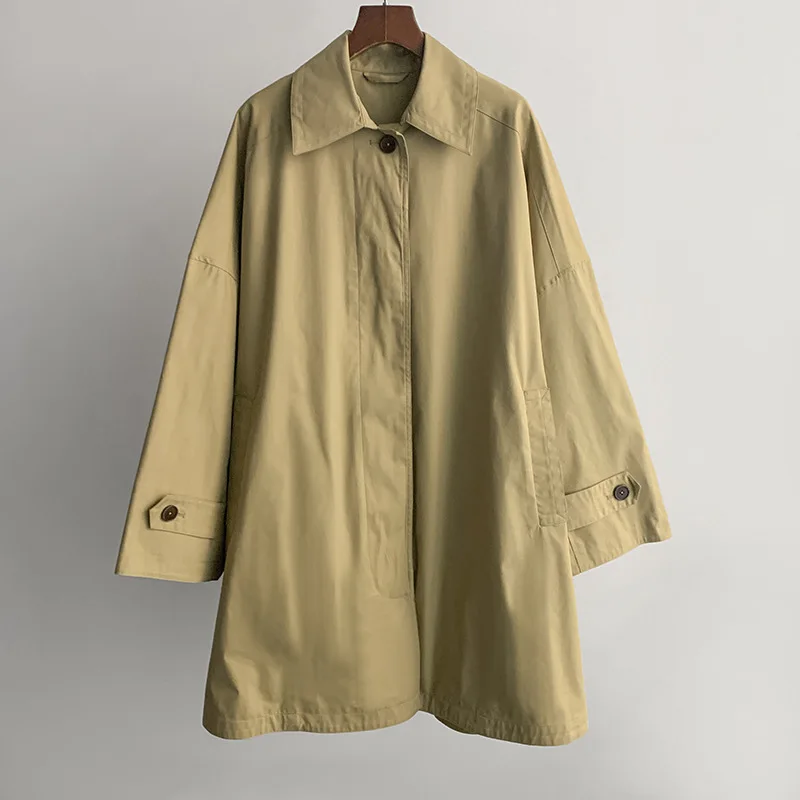 Spring and Autumn Loose Simple Silhouette Drop Shoulder Double Side Slits Wide Sleeves Cotton Blended Windbreaker Jacket