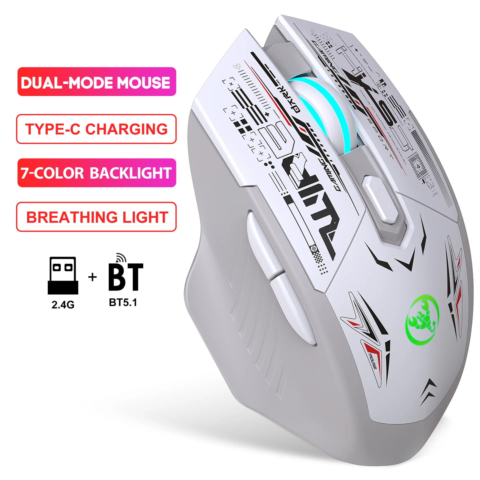 HXSJ T38 Wireless Gaming Mice Dual-Mode Bluetooth 5.1 Support PC Games Rechargeable Noiseless Mouse Cool Colorful Lights