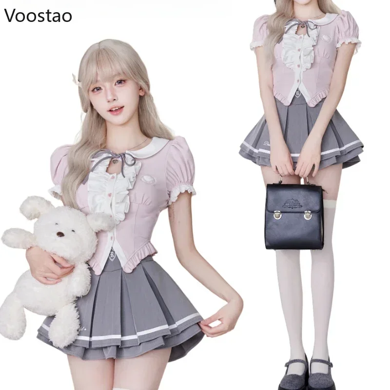 Preppy Style Lolita Skirt Set Women Kawaii Ruffles Peter Pan Collar Shirt Cute Mini Pleated Skirts Suit Female Korean JK Uniform