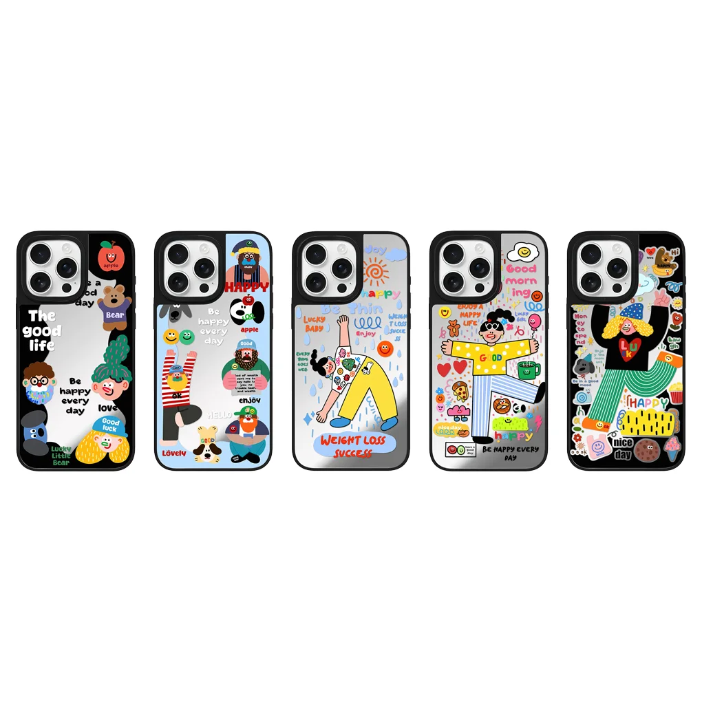 

Cartoon The Good Life Mirror Surface Black Border Magnetic Phone Case for IPhone 17 16 15 14 13 12 Pro Max Cover