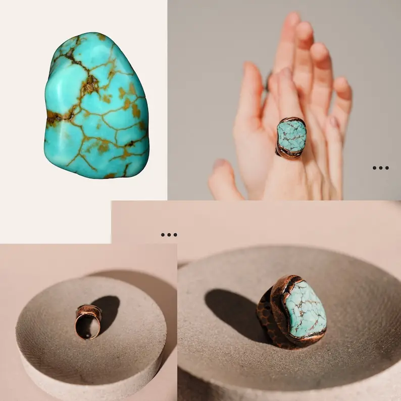 YEEVAA Chunky Turquoise Ring, Bronze Ring, Handmade Jewelry Gift
