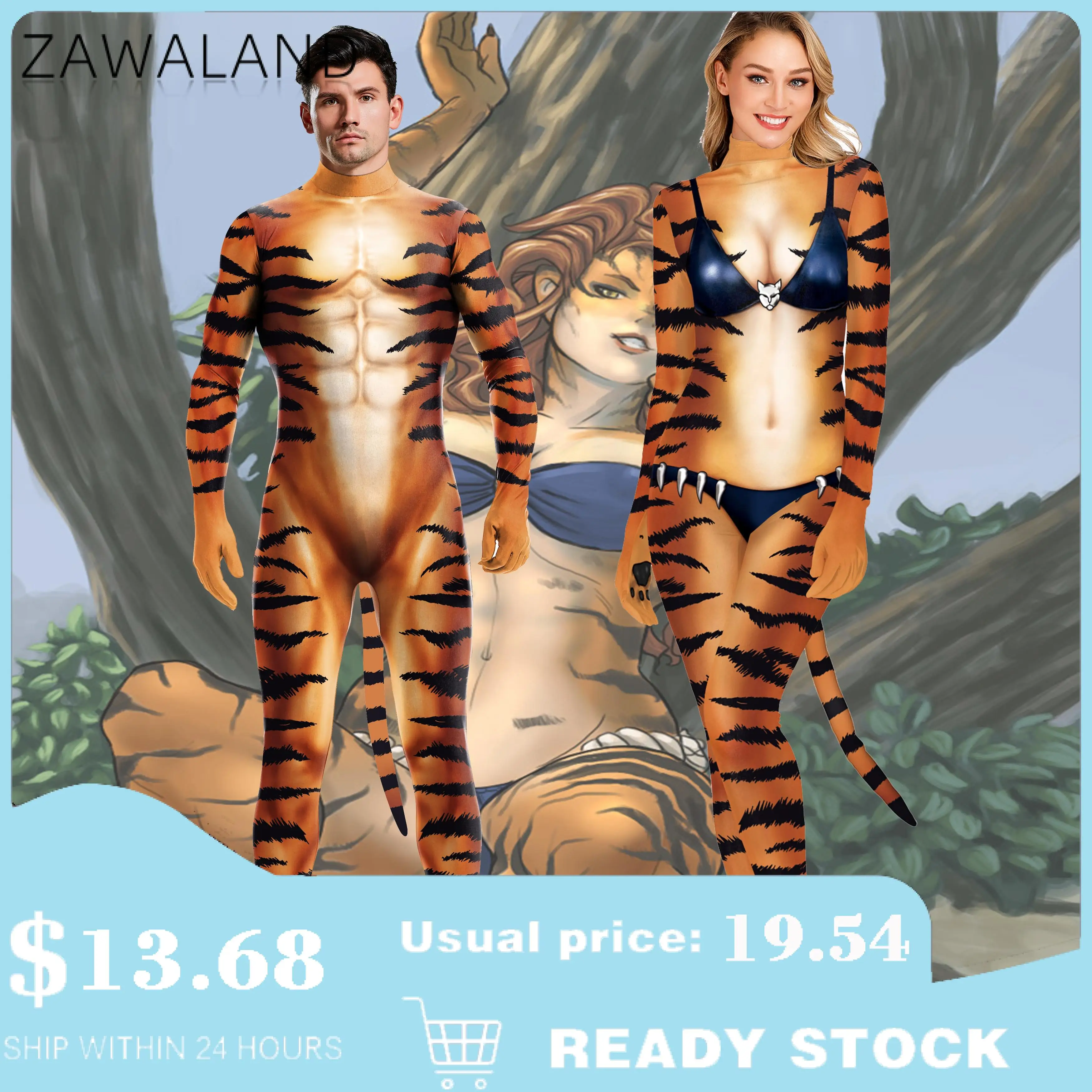 Zawaland Creative Party Playsuit Cosplay Costume Tiger Printed Whole Adult Costumes with Tail Zentai Catsuit Spandex Muscle Suit