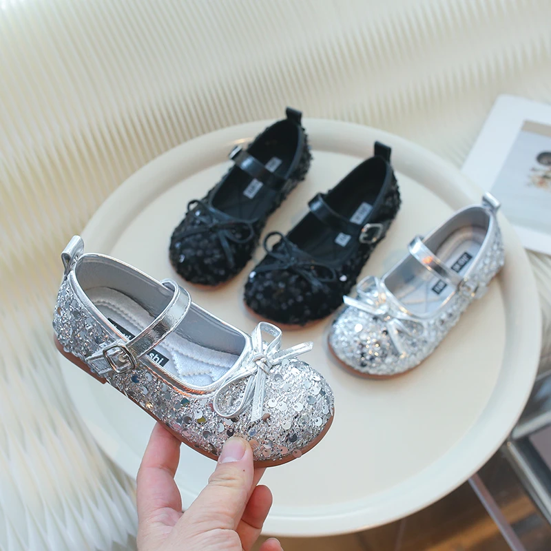 Sequin Bow Non-slip Black/silver Round Toe Shoes for Girls, Spring and Autumn PU Outdoor Shoes for Girls, Size 24-35