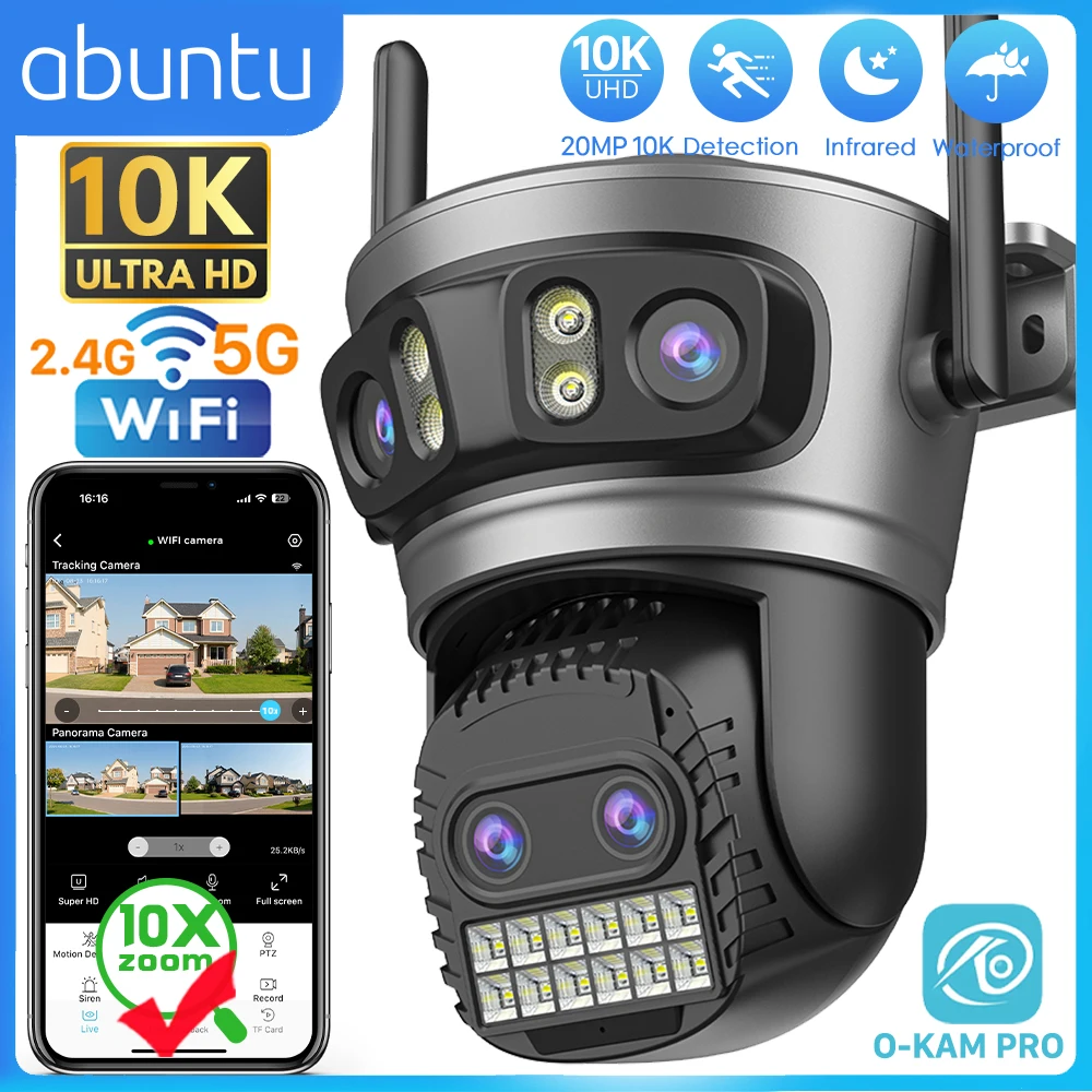 

ABUNTU 20MP 10K PTZ Wi-Fi камера 4 объектива 4 экрана 10-кратный гибридный зум 5G камера наблюдения Ai Обнаружение человека Отслеживание Камера безопасности