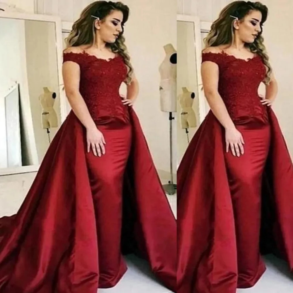 2024 Sexy Crimson Mermaid Evening Gown Sweeping Train Off Shoulder Lace Appliqué Satin Cover Skirt Formal Party Dress Prom Dress