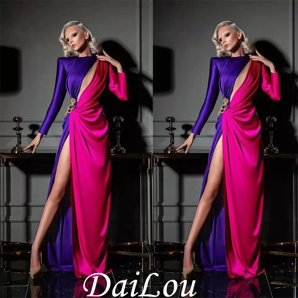 Purple And Fuchsia Arabic Evening Dresses High Neck With Slit Long Sleeve Satin Floor Length Dubai Formal Women Party Dress