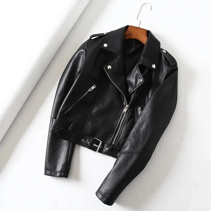 Women\'s Belted PU Leather Jacket Coat Buckle Short Faux Leather Female Motorcycle Jacket Coat