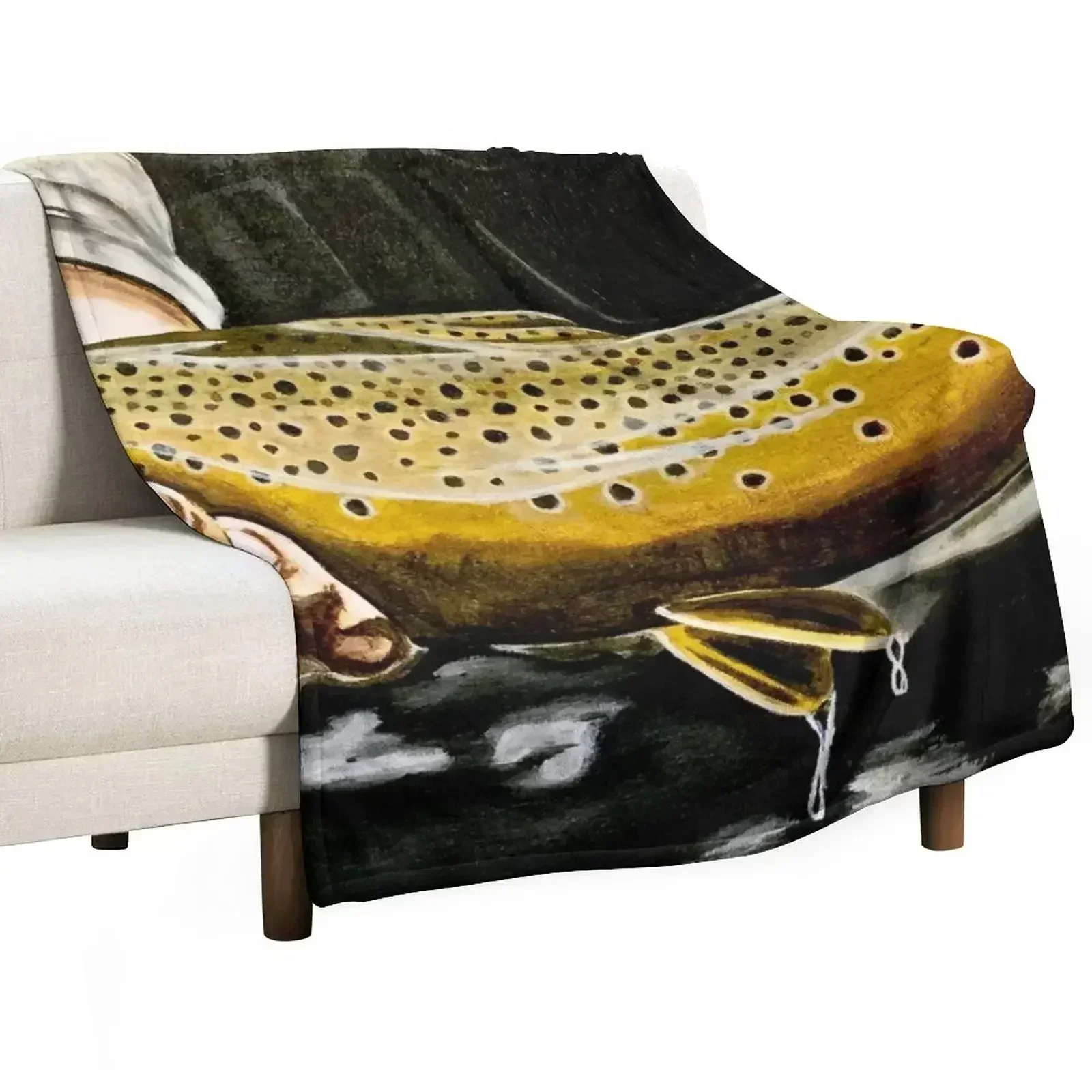 

New North Platte Brown - Trout Painting Throw Blanket Travel Size Cozy Blanket for Plane Train