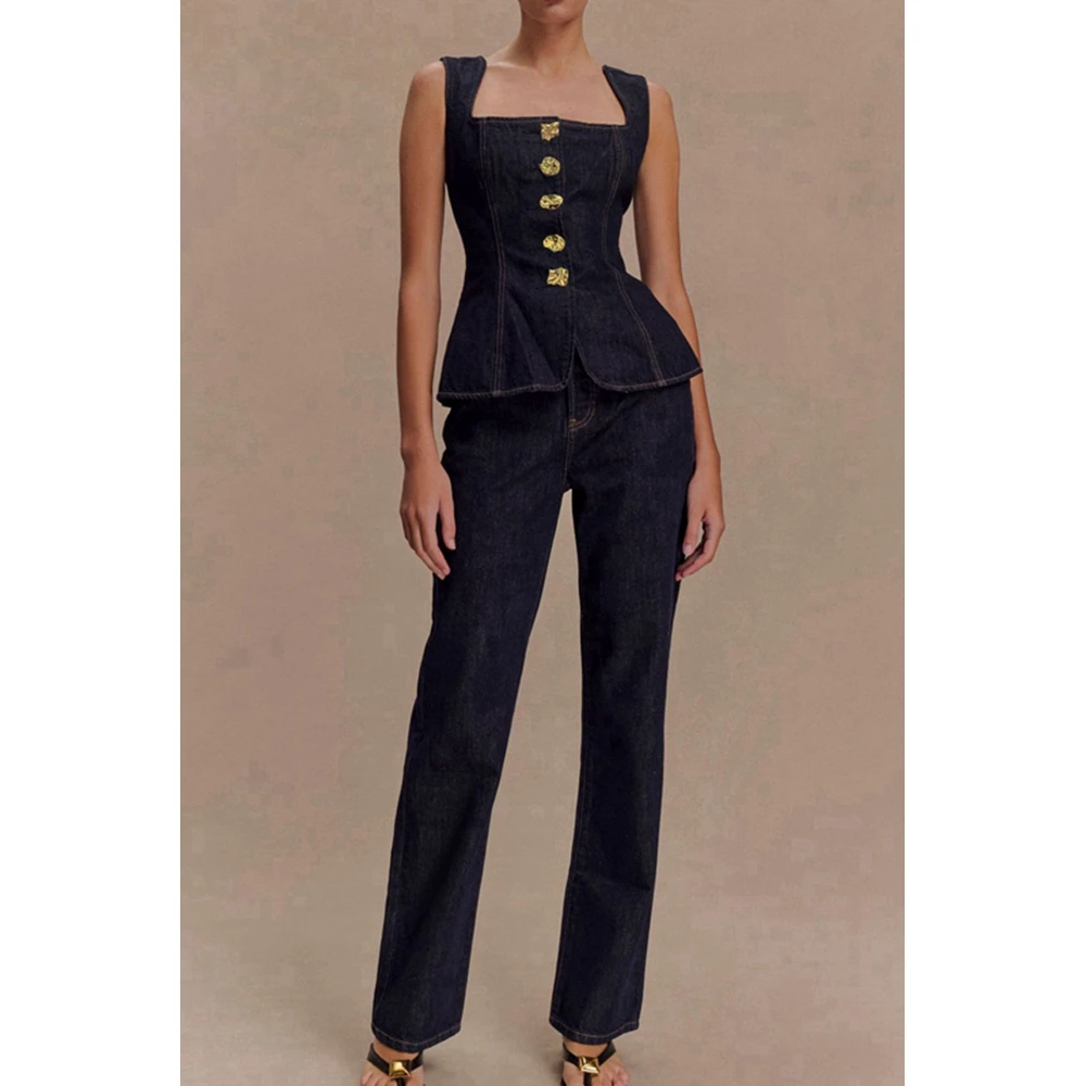 Women Fashion Sleeveless Denim 2 Pieces Set Femme Casual Elegant Pants Suits Summer Wide Strap Vest Top & Pants Sets