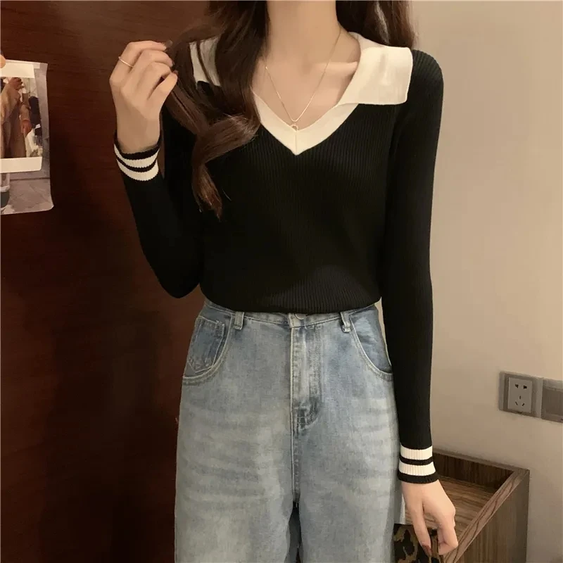 Sweet Y2K Streetwear Knitted Pullovers Women Fall Patchwork Sweater Harajuku Korean Casual Solid Fashion Polo Preppy Mujer Tops