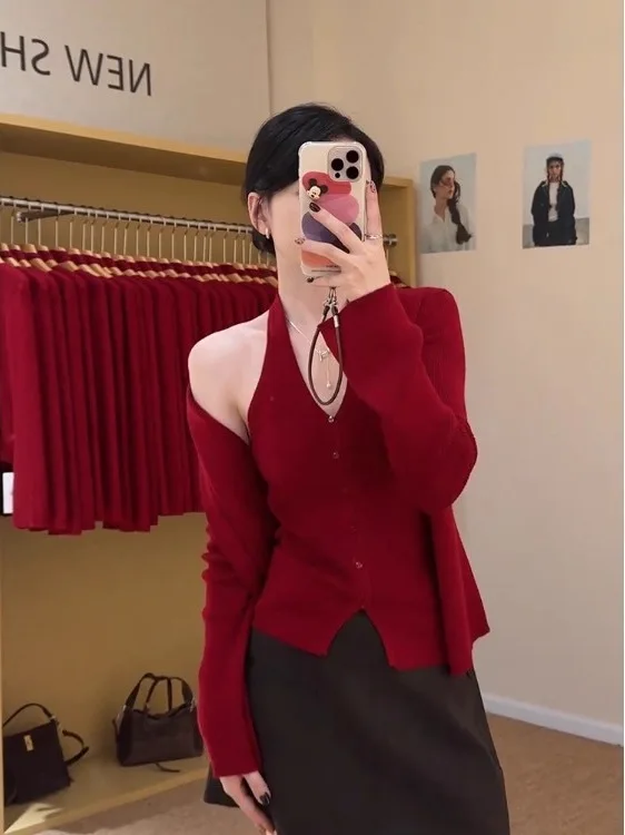 

Red Luxury Knitted Open Cardigan Women's Spring Autumn High-End Feeling Hanging Ne Vest Two-Piece Set Layered Base irt