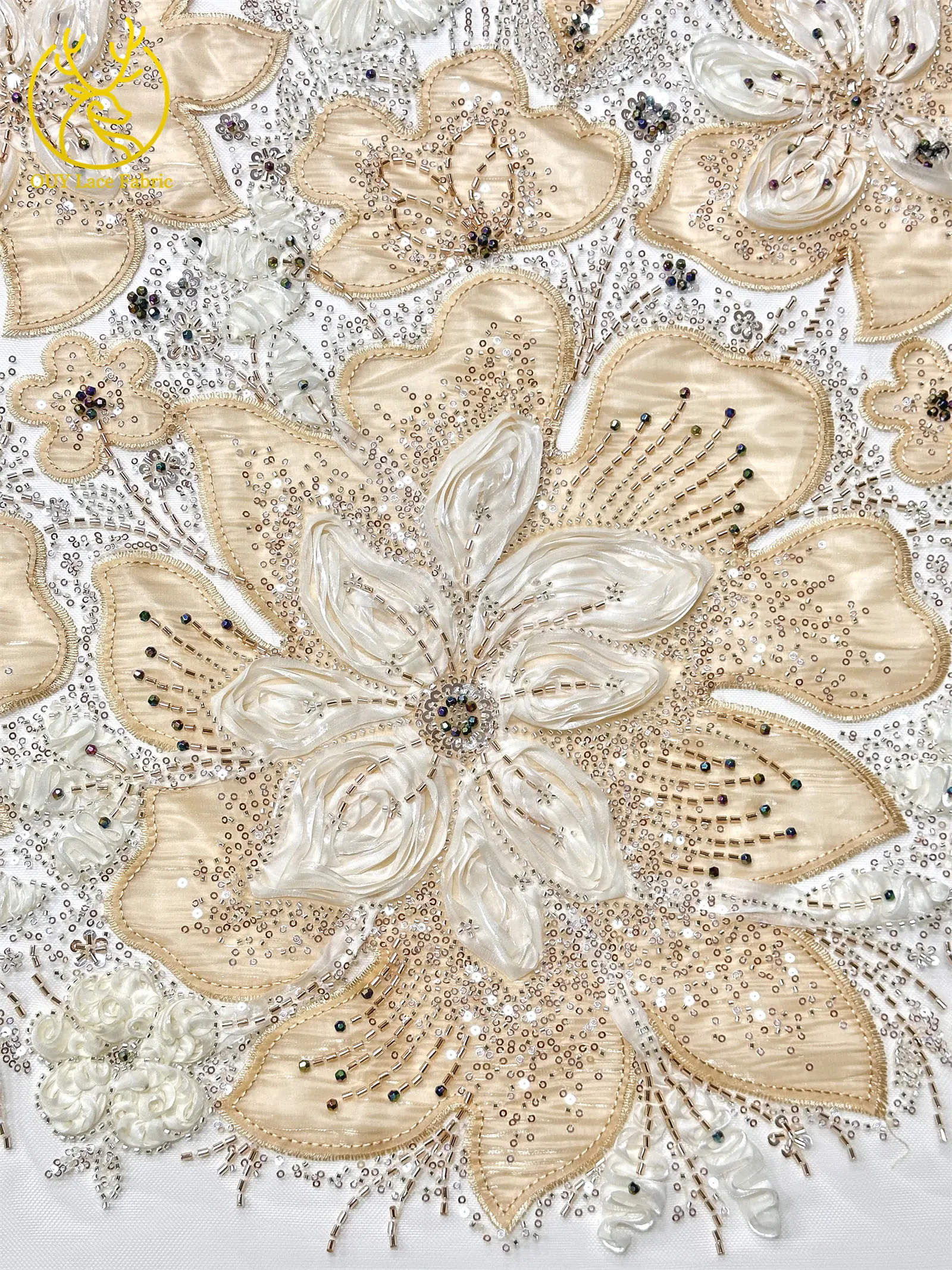 3D-Blumen-Tüll, afrikanischer Spitzenstoff, eleganter französischer nigerianischer Perlen-Pailletten-Mesh-Spitzenstoff für Damen, Hochzeitskleid-Design-Stoff – Detail 7
