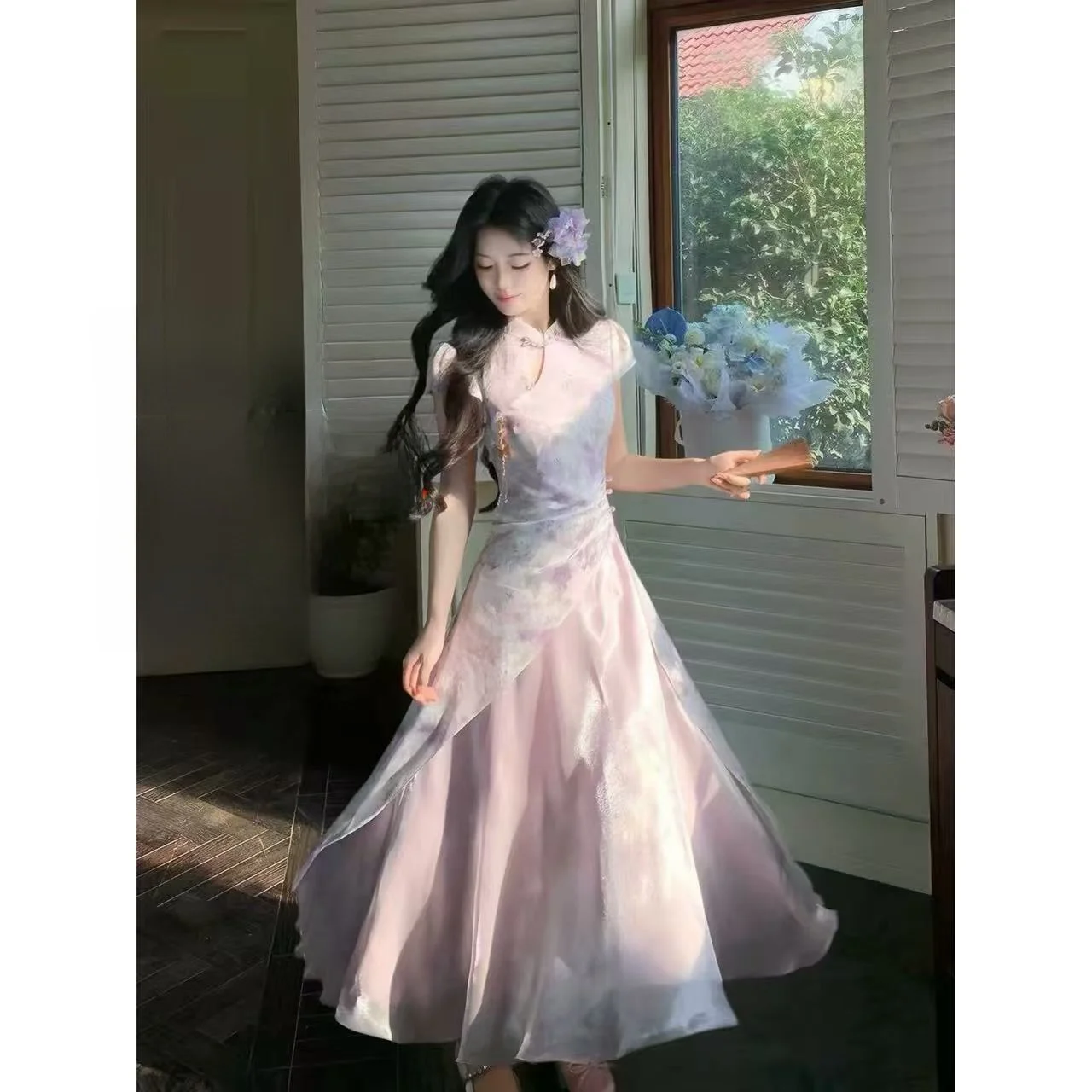 New Chinese Style Dark Pattern Printed Waist-Cinching  with Luminous Tulle Skirt Purple Flowing Clouds Evening Dress