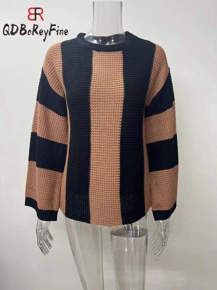 Autumn Winter Women\'s Knitted Pullovers Vintage Loose O-neck Long Sleeve Tops Casual Oversized Striped Sweaters for Women 2024