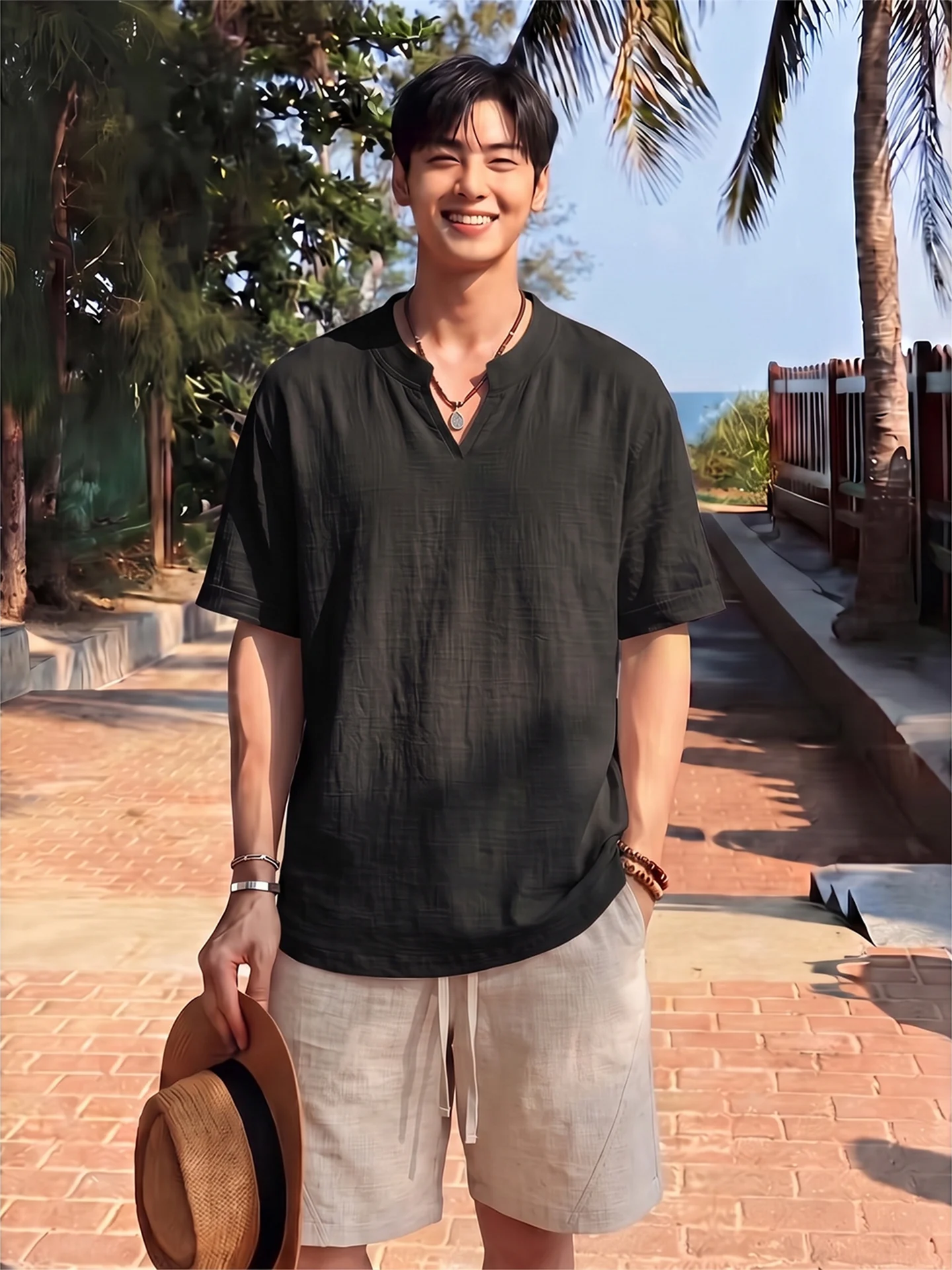 Café Brown Linen Silk Set Men Summer Thin Breathable V-neck Short Sleeve Shorts Preppy Loose Feelings One Set Casual Sportswear