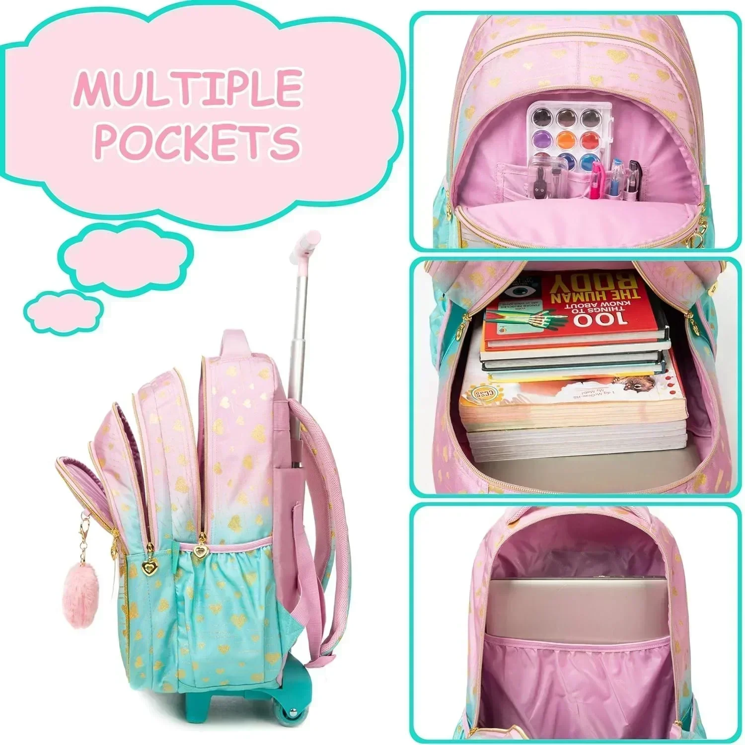 Mochila rolante para meninas, 3 peças, com lancheira isolada, carrinho de roda para bagagem escolar primária à prova d'água, presente de volta às aulas