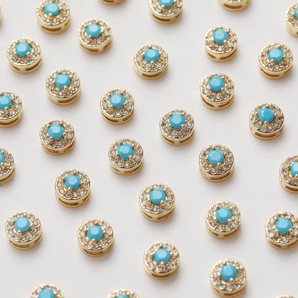 4PCS 14K Gold Plated Vintage Round Inlaid Turquoise Zircon Beads DIY Making Supplies Necklace Bracelet Material Accessories