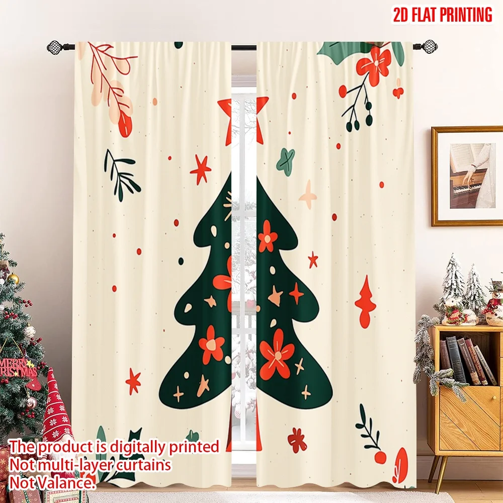 

2pcs 2D flat printing Merry Christmas Popular Curtains Festive Christmas Tree Stars (3) 100% Polyester Fabric Without