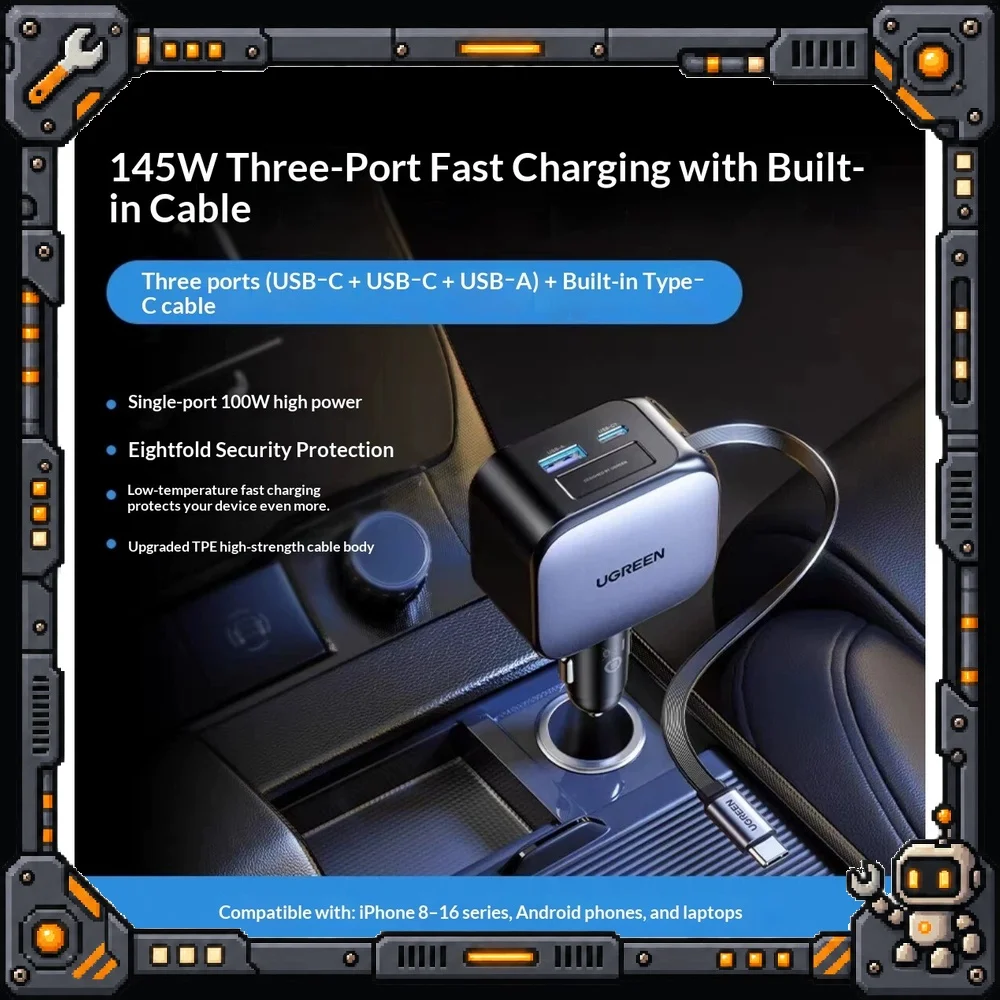 UGREEN EC604 Car Charger 145W 3 Ports Retractable USB C Cable PD 3.0 for iPhone Laptop Tablet