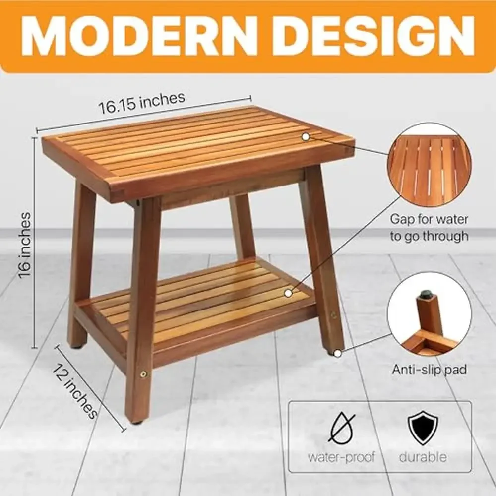 Banco de ducha de madera de Acacia con estante, asiento de baño de Spa impermeable para adultos y ancianos, duradero y resistente, fácil montaje, 350LB