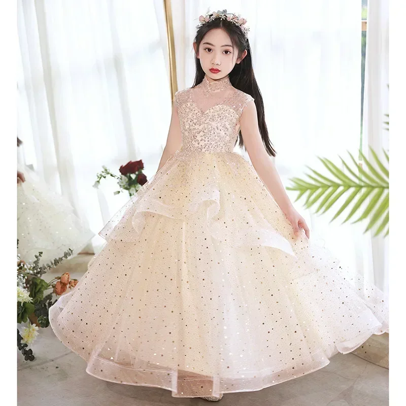 

Flower Girl Dress New Heavy Industry Girl Walk Show Fluffy Yarn Evening Dress Little Host Piano Performance Dress Spring