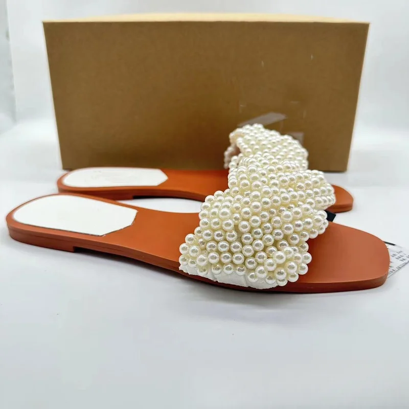 2024 Summer New Women's Slippers Large Size Pearl Inlaid Flat Shoes Low Heel Open Toe Wear Women Sandals Casual Beach Shoes