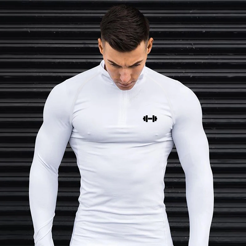 Running T-shirts Mens Dumbbel Compression Fitness Long Sleeve Sports Polo Shirts Tight Jogging Gym Sportswear Quick Dry Rashgard