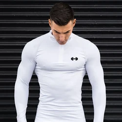 Running T-shirts Mens Dumbbel Compression Fitness Long Sleeve Sports Polo Shirts Tight Jogging Gym Sportswear Quick Dry Rashgard