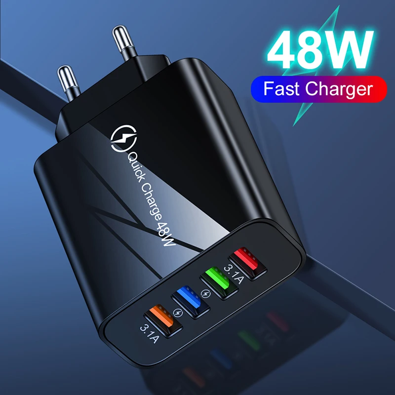 Fast 4 USB Charger Quick Charge 3.1A QC 3.0 For Xiaomi iPhone 14 13 Samsung Tablet Mobile EU Plug Fast Charging Charger Adapter