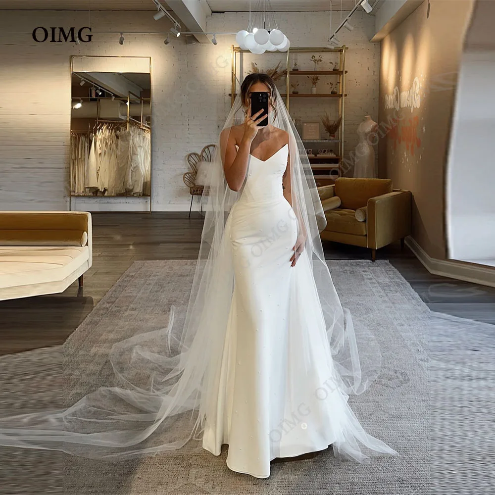 

OIMG Mermaid Long Wedding Dresses Pearls Sexy Mermaid Bride Dress for Women Strapless Sleeveless Bridal Gowns Vestidos 2024