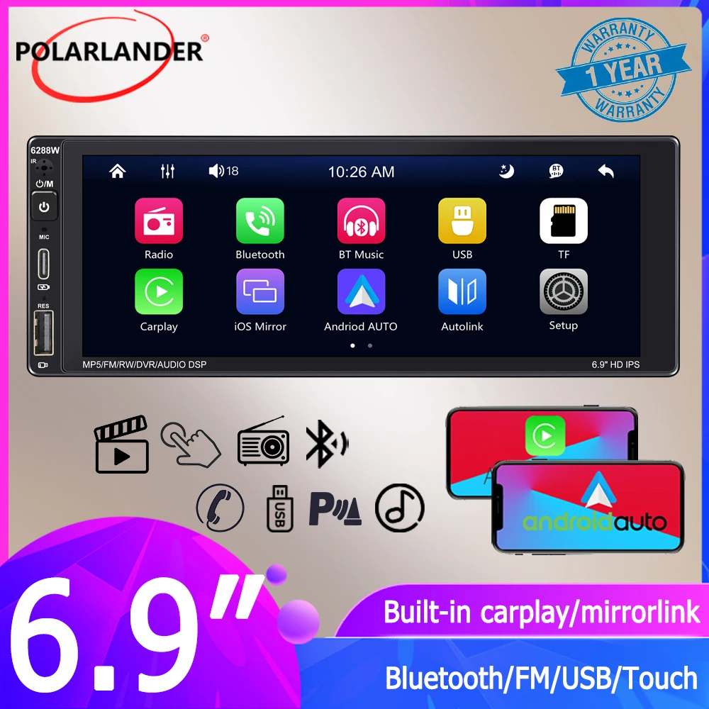 

Car Stereo Multimedia MP5 Player 1Din 6.9" Android Auto Wireless Carplay AI Voice Mirrorlink FM/AM/RDS Bluetooth Type-C Charging