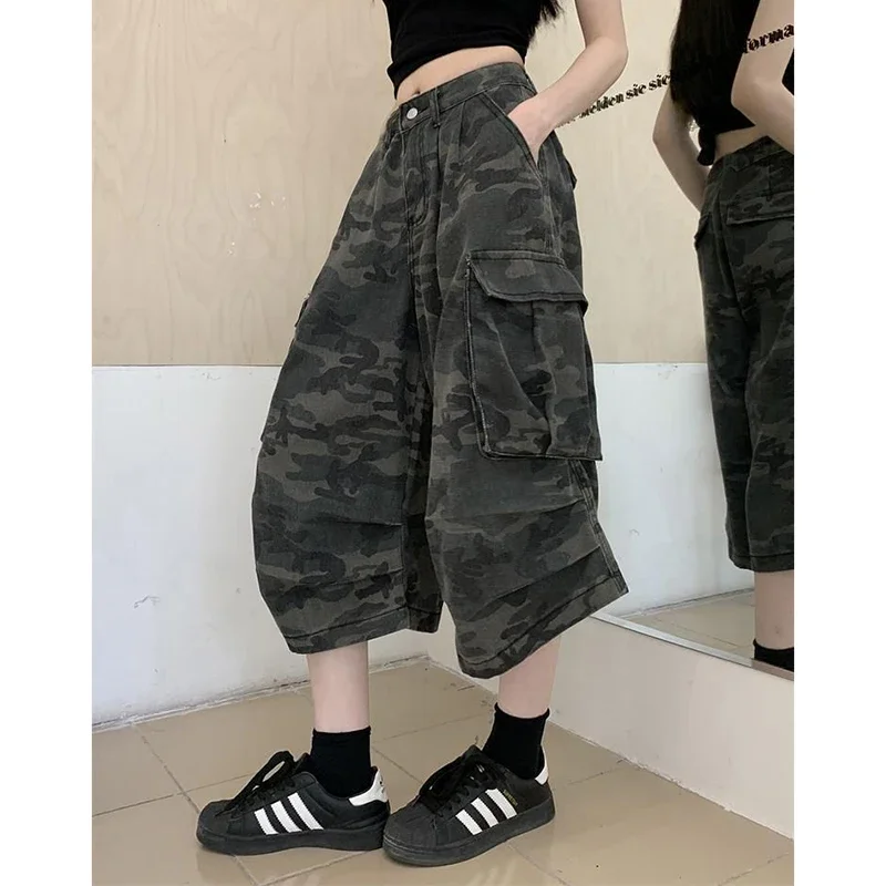 Calças Capri Baggy Femininas de Moda Retrô, Jeans de Cintura Alta, Calças de Denim Finas, Calças Camufladas de Perna Reta para Meninas