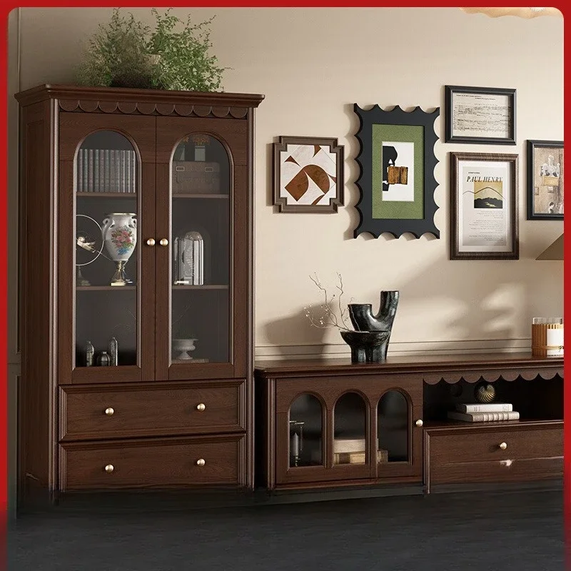 Lemari anggur kaca kayu solid Perancis, penyimpanan pajangan lemari TV ruang tamu