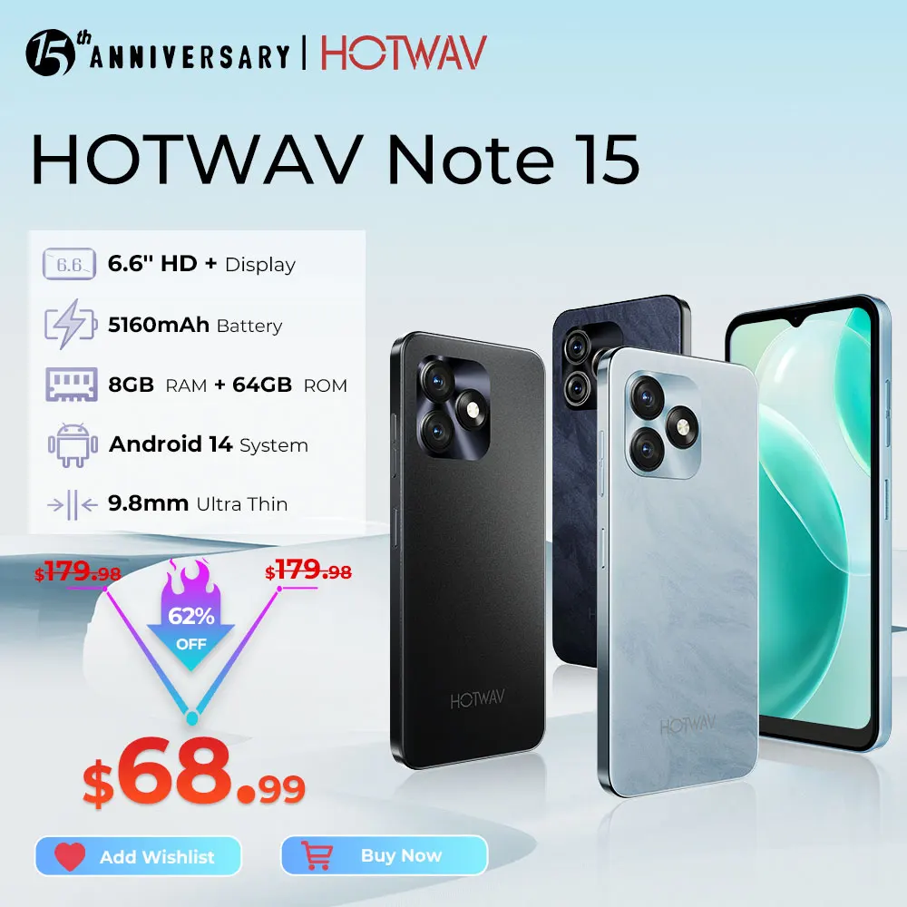 HOTWAV Note 15 Ultradunne smartphone 6.6 '' HD + Android 14 OS 8 (4 + 4) GB + 64 GB Octa-Core mobiele telefoon 13 MP 5160 mAh mobiele telefoon