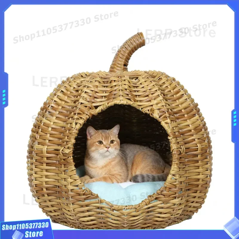 Hand Woven Imitation Rattan Cat Villa Washable Pumpkin Shape Nest Indoor Pet House Customized High Value Household Furniture