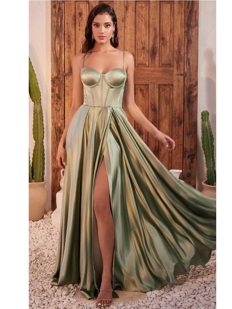 Dark Green Women Ceremonial Dress Satin Solid Slim Sleeveless For Wedding Evening Banquet Party Birthday Bridesmaid Gowns