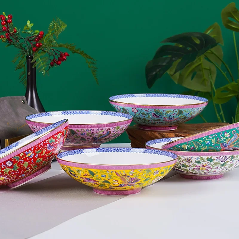 Jingdezhen high-end ceramic soup plate, court style 8-inch enamel color hat plate, Chinese style national style plate