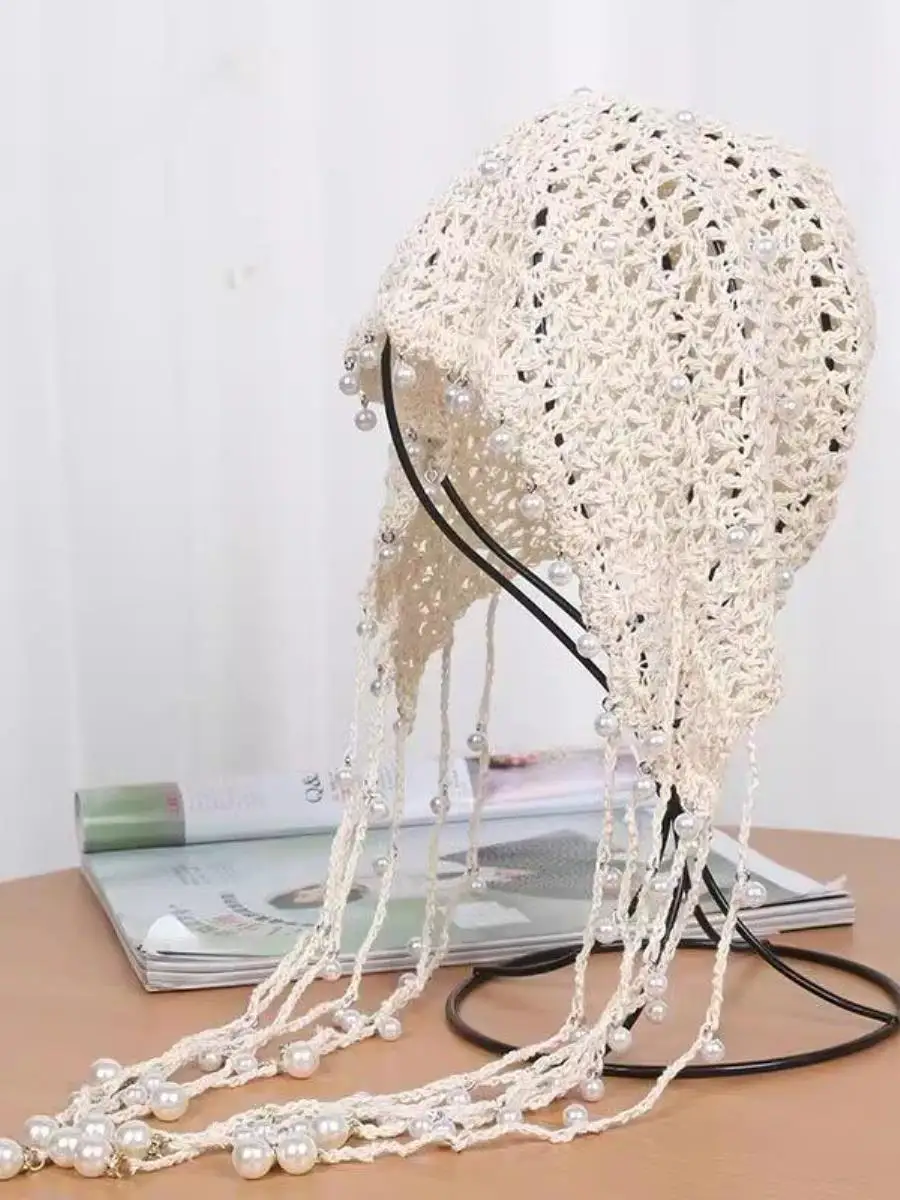 new-hollow-out-pearl-tassel-pendant-knitted-head-cover-women's-summer-ethnic-style-two-piece-set-knitwear-accessory