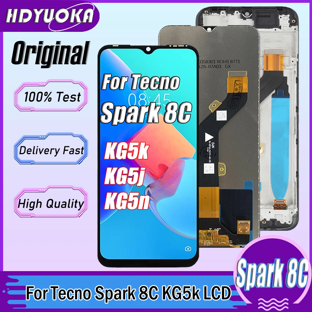 6.6 inch High Quality For Tecno Spark 8C KG5k KG5j KG5n LCD Display Touch Screen Digitizer Assembly With Frame Replacement Parts