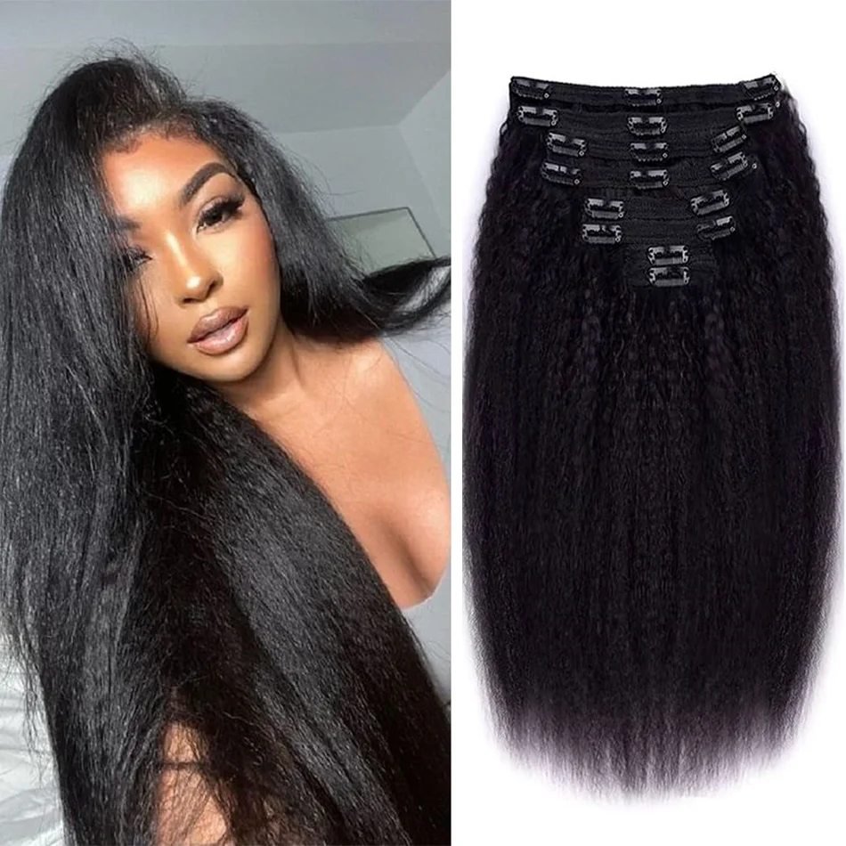 Kinky Straight Clip In Hair Extensions 100% Real Human Hair Natural Black 8 Pcs/120g Full Head Brazilian Remy Clip ins Seamless