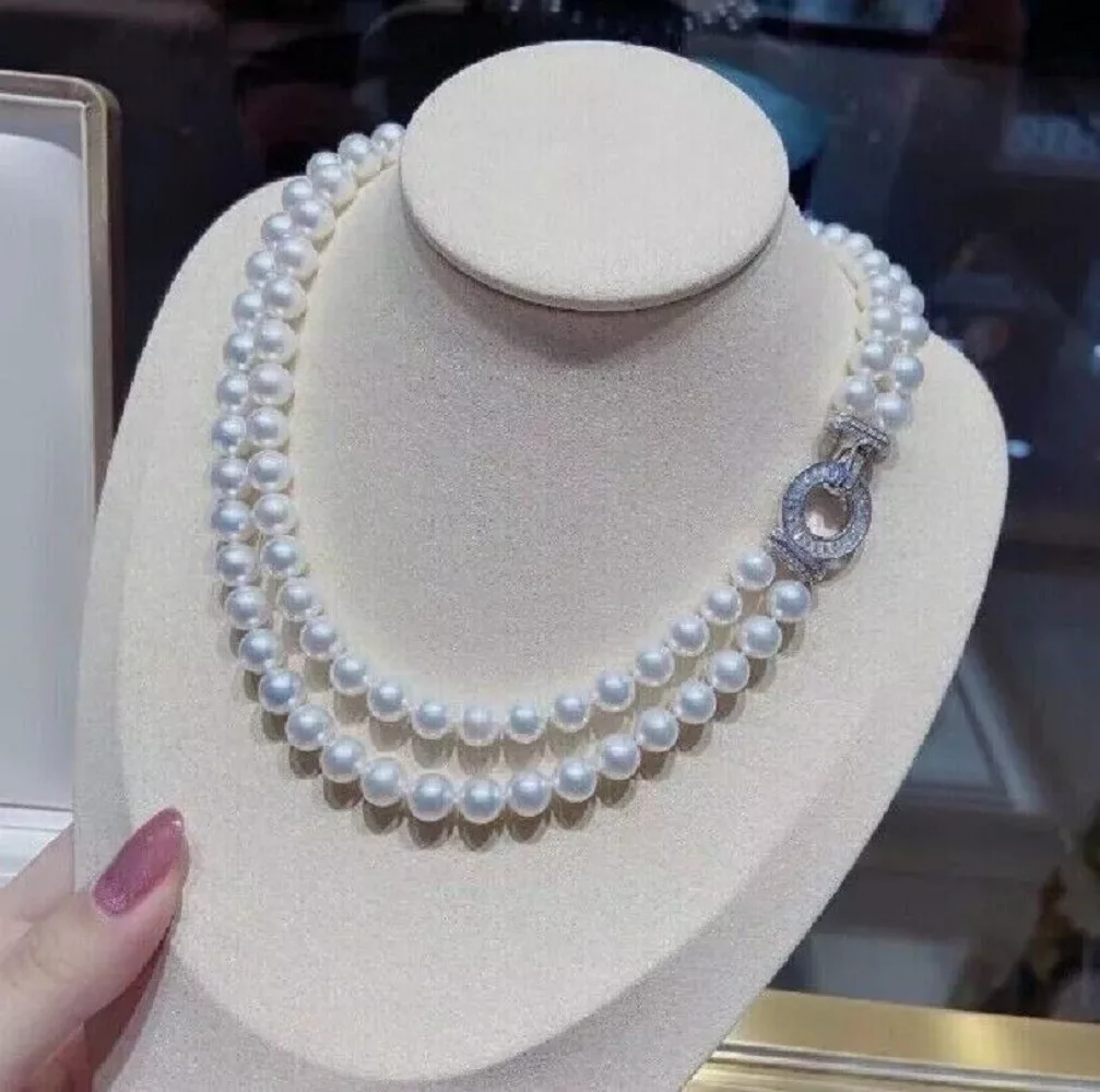 

Double stranded AAA+7-8mm natural Japanese round white pearl necklace 18/36 inches 925S