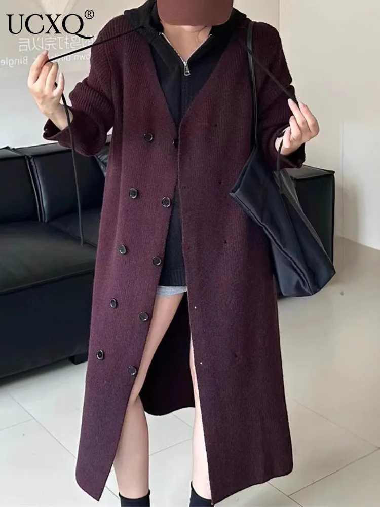 

UCXQ Minimalist Sweater Jacket Korean Style Hooded Zipper Knitwear V-neck Long Coat Two-piece Set Women 2024 Autumn Winter C2038