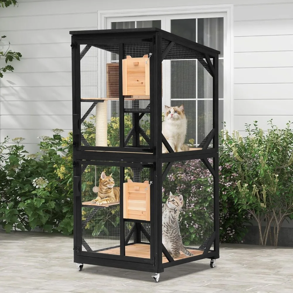

Large Cat House 4 Tiers Outdoor Catio with Removable Platforms Catio Outdoor Enclosure Window Access with Weatherproof Asphalt