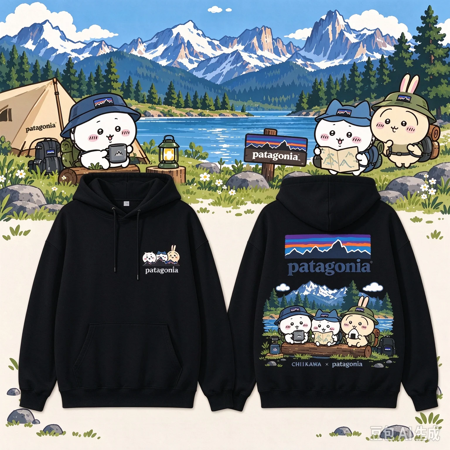 Kawaii Anime Chiikawa Camping Mountain Graphic Hoodie Unisex Front Back Print Sweatshirt Hachiware Usagi Outdoor Streetwear