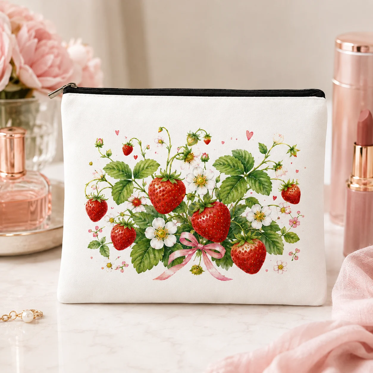 Watercolor Strawberry Floral Print Canvas Makeup Bag Cute Sweet Aesthetic Cosmetic Pouch Portable Travel Toiletry Storage Bags