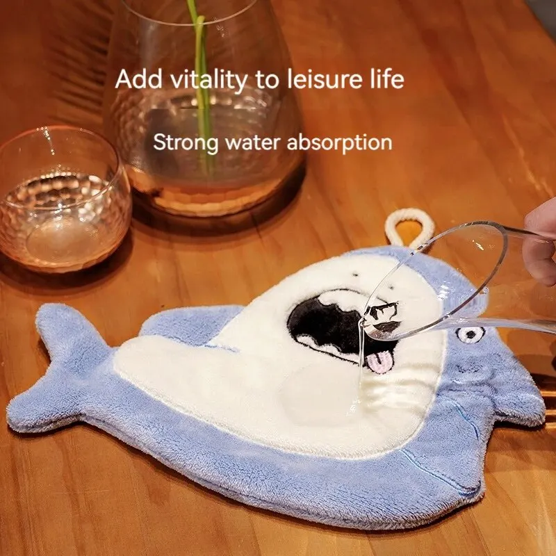 Hand Towel Cute Animal Cartoon Shark Household Cleaning Rag Hanging Absorbent Coral Fleece Kitchen Hand Cleaning Fear